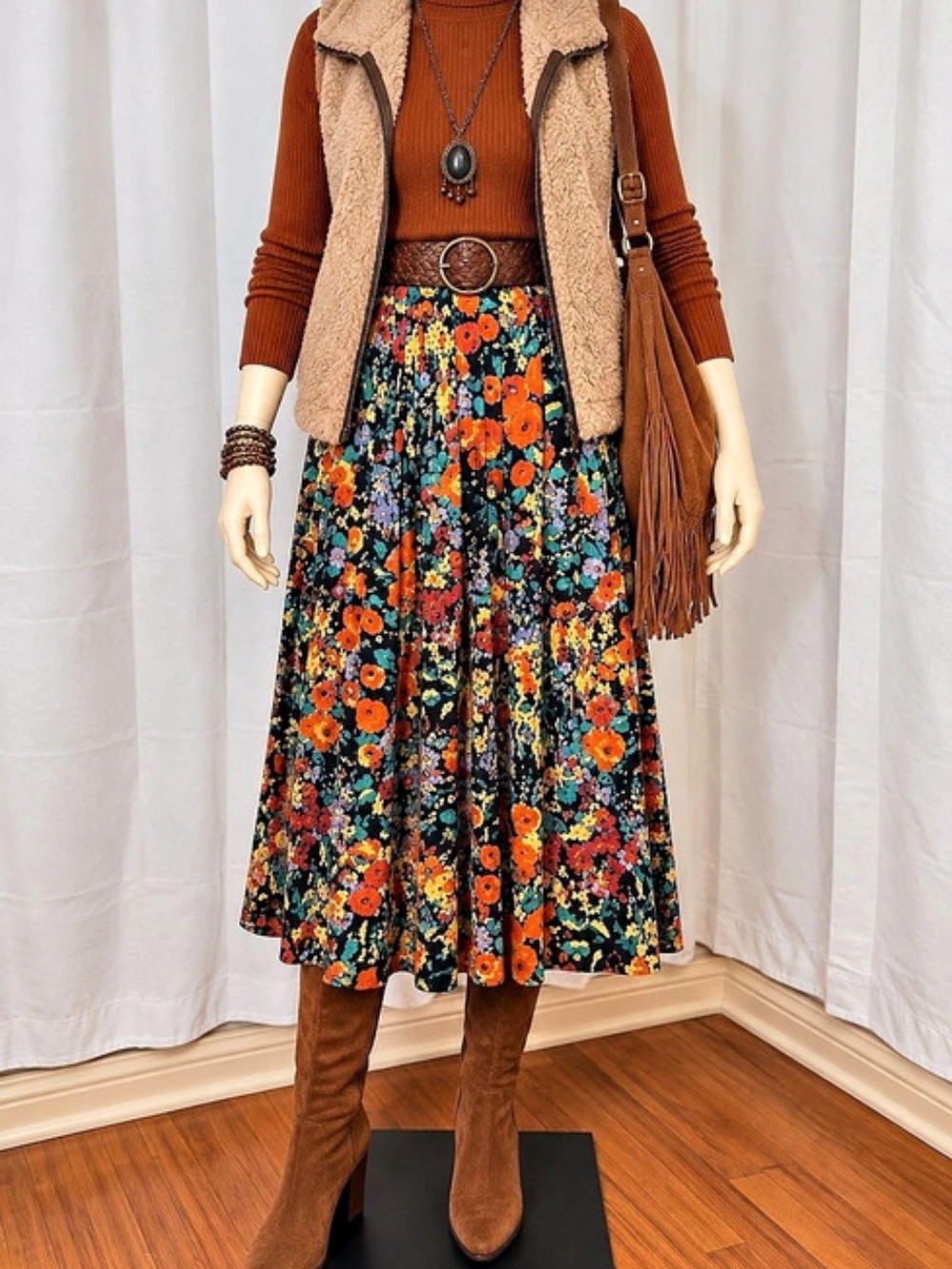 Vintage Rafaella Floral Rayon Midi Skirt Colorful 90s Boho Size M